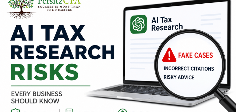 AI tax research risks thumbnail with Persitz CPA logo, fake AI tax cases warning, and business tax compliance message